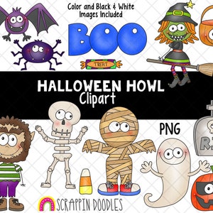 Halloween Howl Clip Art - Halloween Graphics - Werewolf Clipart - Mummy Clipart - Vampire Bat - Tombstone - Witch - Halloween Candy - PNG