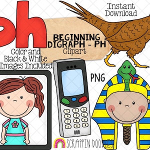 May include: A colorful clipart image of the letter combination "Ph" in red and white. The image also includes a cartoon illustration of a pheasant, a child wearing a blue shirt, a phone, and a person wearing a pharaoh's headdress. The text "Beginning Digraph - Ph Clipart" is included in the image.