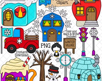 May include: A set of colorful winter village clip art images, including a red truck, a blue house, a snowman, a penguin, a snow-covered house, a mailbox, a traffic light, a street lamp, a hot chocolate mug, a tree, a clock, and an igloo. The text "Winter Village Clipart" is included in the image.