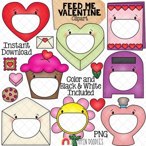 Feed Me Valentines Day ClipArt - Nutrire la bocca aperta - Cuore - Caramella - Cupcake - Busta - Cassetta postale - Biglietto - Fiore - Caramella - Crea un gioco