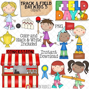 Field Day ClipArt 5-Track and Field Kids - Plunger Race - Pool Noodle Tag - Splash Tower - Bowling - Concessietribune - Commercieel gebruik, png PNGEgg