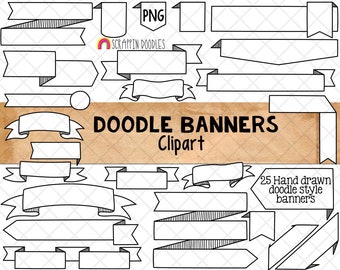 Doodle Banners ClipArt - Hand Doodled Ribbon Banner - Black & White Banner Graphics - Commercial Use PNG