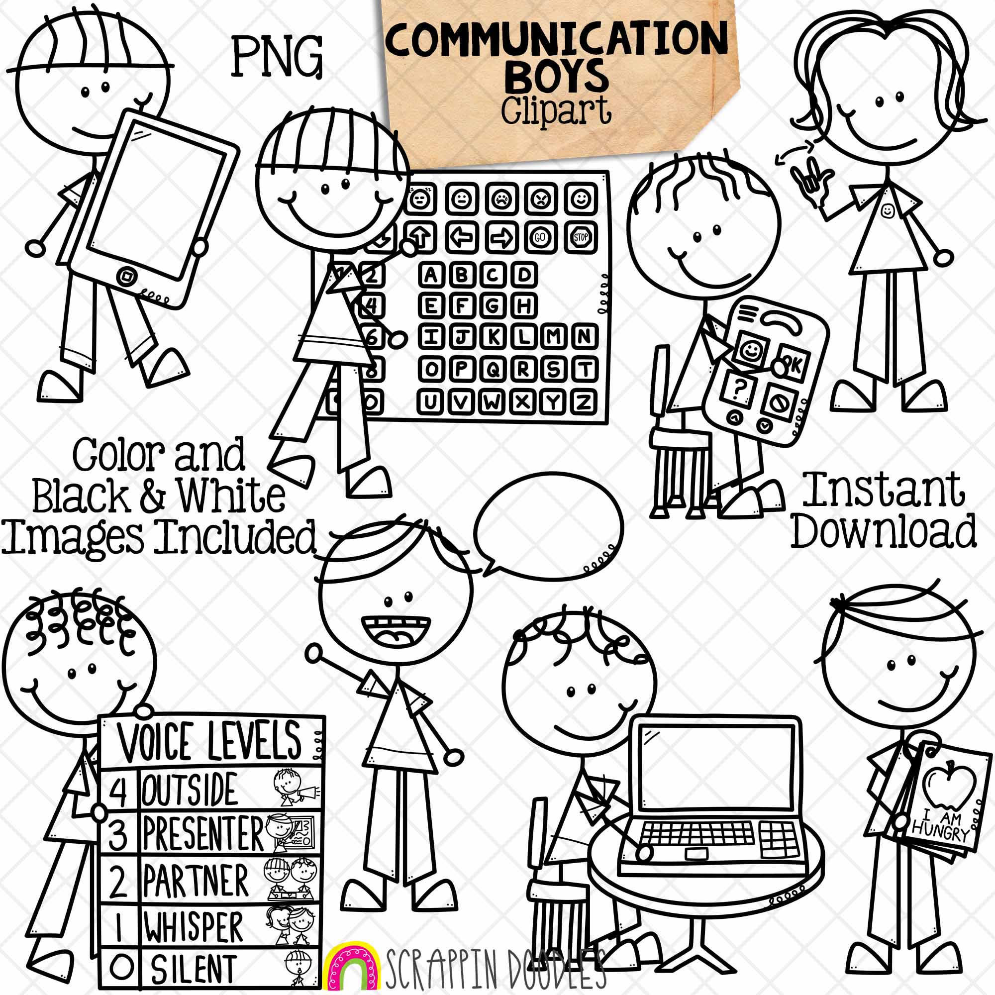 Communication Boys Clip Art - Doodle Kids Stick Figure Graphics - Voice ...