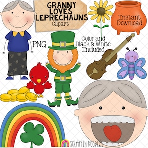 Vieille dame a avalé un trèfle Clip Art - grand-mère aime les graphiques de lutins - usage commercial PNG