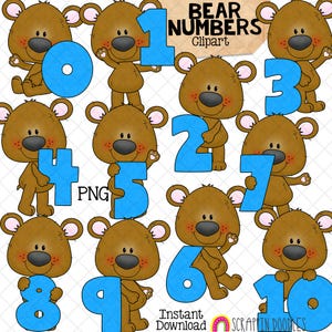 Può includere: Una collezione di clipart di orsetti dei cartoni animati che tengono numeri blu da zero a dieci. Gli orsi sono marroni con dettagli rosa e nasi neri. Il testo "BEAR NUMBERS Clipart" è in alto. Sono visibili anche "PNG" e "Instant Download".