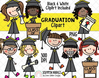Graduation ClipArt - Doodle Girls Graduation - School ClipArt - Sublimation Graphics - Hand Drawn PNG