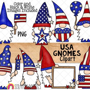 USA Gnome ClipArt - Gnomes du 4 juillet - Gnomes de jardin patriotiques - Utilisation commerciale PNG - Graphiques de sublimation