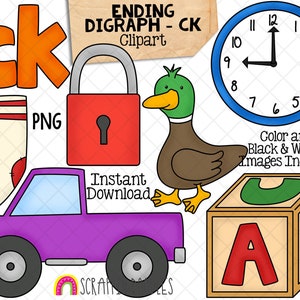 May include: A set of colorful clipart images featuring the ending digraph "ck" with words like "duck", "lock", "sock", and "truck". The clipart includes a clock, a lock, a sock, a truck, and a duck. The text "Ending Digraph - CK" and "Clipart" is also included in the image.