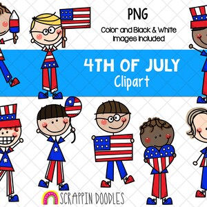 4th of July Clipart - Forth of July Doodle Boys - USA Clipart - Independence Day Clipart - Patriotic Clipart - Hand Drawn PNG