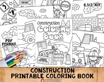 Puede incluir: Un libro para colorear imprimible en blanco y negro con vehículos de construcción, trabajadores y señales de tráfico. El libro mide 21,6 cm x 27,9 cm y está en formato PDF. El título del libro es "Construction Coloring Book" y el texto "Under Construction" está en un cartel.