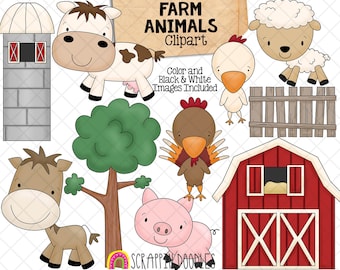 Farm Animals Clip Art - Barn - Silo - Horse - Cow - Sheep - Pig - Chicken - Cute Farm Animal PNG