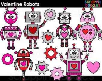 Valentine Robots Clip Art - Cute Commercial Use Robot Clipart, Valentine Robot Graphics {Scrappin Doodles Clipart}