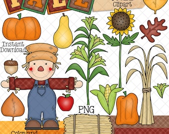 Fabulous Fall Clip Art - Autumn - Scarecrow - Pumpkin - Sunflower - Corn Stalk - Hay - Squash - Leaves - Acorn - Backgrounds - CU PNG
