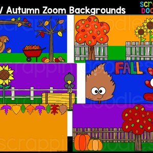 Könnte beinhalten: Fünf digitale Hintergründe mit Herbstmotiven. Die Hintergründe zeigen ein Eichhörnchen, das Eicheln sammelt, eine Sonnenblume, einen Vogel auf einem Zaun, ein lächelndes Blatt und einen Baum mit roten Blättern. Die Hintergründe sind perfekt für virtuelle Meetings oder Online-Klassenzimmer.