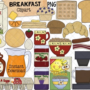 Frühstück Essen ClipArt - Brunch - Waffeln - Orangensaft - Pfannkuchen - Speckscheibe - Eier - Croissant - Schüssel Müsli - Kommerzielle Nutzung PNG