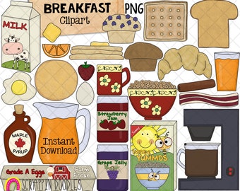 May include: A collection of colorful cartoon illustrations of breakfast foods, including milk, syrup, eggs, bacon, toast, pancakes, cereal, coffee, juice, and fruit. The illustrations are in a whimsical style and are perfect for use in scrapbooking, card making, or other craft projects.