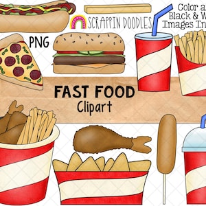 Fast Food ClipArt - Hamburger - HotDog - CornDog - French Fries - Pizza - Bucket of Fried Chicken - Nachos - Milk Shake - Commercial Use PNG