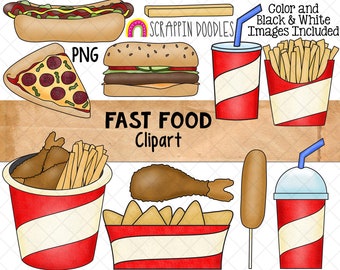 Fast Food ClipArt - Hamburger - Hot Dog - Corn Dog - Patatine fritte - Pizza - Secchio di pollo fritto - Nachos - Milk Shake - Uso commerciale PNG