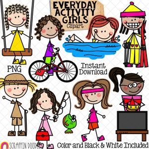 Könnte beinhalten: Clipart-Set mit Mädchen als Strichmännchen, die verschiedenen Aktivitäten nachgehen, darunter Schaukeln, Radfahren, Schwimmen, Skifahren, Angeln, Fernsehen und Spazierengehen. Das Set enthält Farb- und Schwarzweißversionen. Everyday Activity Girls Clipart. Sofortiger Download.