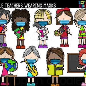 Vrouwelijke leraren dragen maskers illustraties - schattige commerciële leraar Clipart {Scrappin Doodles Clipart}