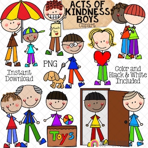 Acts of Kindness Clipart - Doodle Boys - Holding Umbrella - Walking Dog - Opening Door - Thankful Clip Art - Commercial USE - PNG