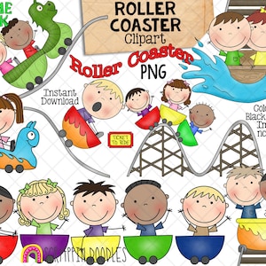 Roller Coaster ClipArt - Kids Riding Roller Coasters - Theme Park - Commercial Use PNG