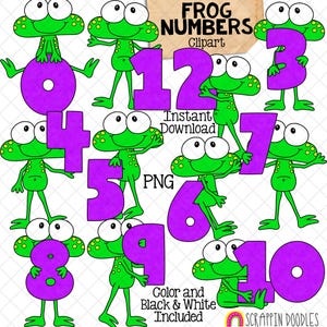 May include: A set of green cartoon frogs with purple numbers from zero to ten. The image features the text "FROG NUMBERS Clipart", "Instant Download", "PNG", and "Color and Black & White Included". The frogs have large eyes and are in different poses.