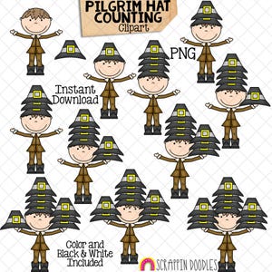 May include: Clipart set of pilgrim characters wearing different numbers of hats. The characters are holding the hats in their hands. The text "Pilgrim Hat Counting Clipart" is at the top of the image. The text "Instant Download" and "PNG" are also included in the image.