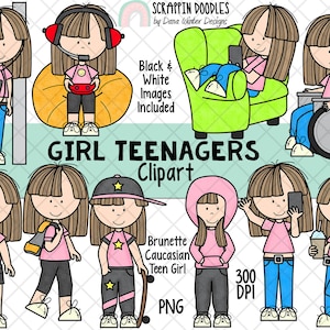 Imágenes Prediseñadas de Adolescente - Chicas Adolescentes - Imágenes Prediseñadas de Estudiante - Cabello Morena Caucásico - Dibujado a mano - Uso Comercial