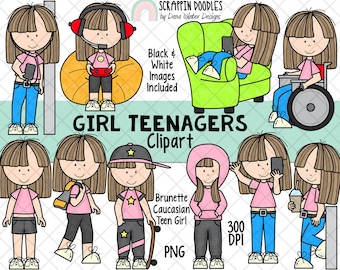 Teenager ClipArt - Teenage Girls - Student Clipart - Caucasian Brunette Hair - Hand Drawn - Commercial Use