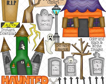 Op de afbeelding: Een digitale illustratie met Halloween-thema's. Bevat een spookhuis, grafstenen, geesten, een doodskist en de tekst "HAUNTED HOUSE Clipart". Het kleurenpalet omvat oranje, groen, paars en grijs.