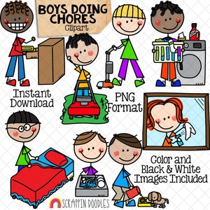 Household Chores ClipArt - Doodle Boys Clip Art - Kids Doing Chores ClipArt - Spring Cleaning - Household Clipart - Cleaning House Graphics