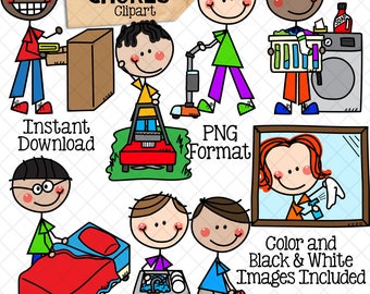 Household Chores ClipArt - Doodle Boys Clip Art - Kids Doing Chores ClipArt - Spring Cleaning - Household Clipart - Cleaning House Graphics