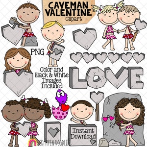 Caveman Valentine ClipArt - Prehistoric - Cave Paintings - Valentine&#39;s Day - Love Rocks - Dinosaur - Commercial Use PNG