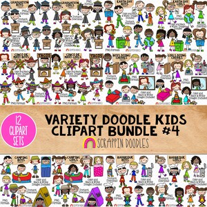 Doodle Kids Clipart Bundel 4 - Doodle Jongen en Meisje Bundel 4 - Camping - Huishoudelijke klusjes - BBQ - Afstuderen - Cinco de Mayo - Dag van de Aarde - CU