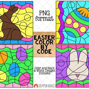 Puede incluir: Cuatro imágenes para colorear por números con temas de Pascua. Las imágenes incluyen un conejo, un huevo de Pascua y una cesta de huevos. Las imágenes están en un estilo de vitral con contornos negros e interiores coloridos. Formato PNG.