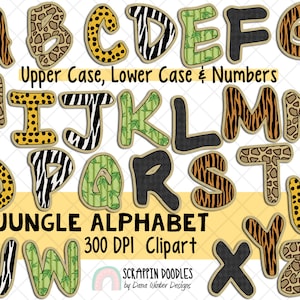 Jungle Alphabet ClipArt - Safari Clip art - Letras digitais - Adesivos digitais de animais da selva - Download instantâneo - Sublimação