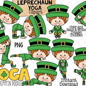 Leprechaun Yoga Clip Art - St patricks Day Stretching Clipart - Yoga Poses - Commercial Use PNG Sublimation