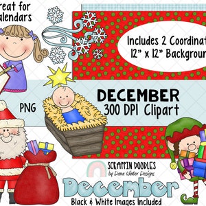 Kalender ClipArt - December Bulletin Board - December ClipArt - Vakantie ClipArt - Digitale Sticker - Kerst ClipArt - Baby Jezus ClipArt