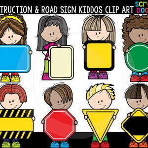 Construction / Road Sign Kiddos Clip Art - Cute Commercial Use Kids Holding Construction / Road Signs Clipart  {Scrappin Doodles Clipart}