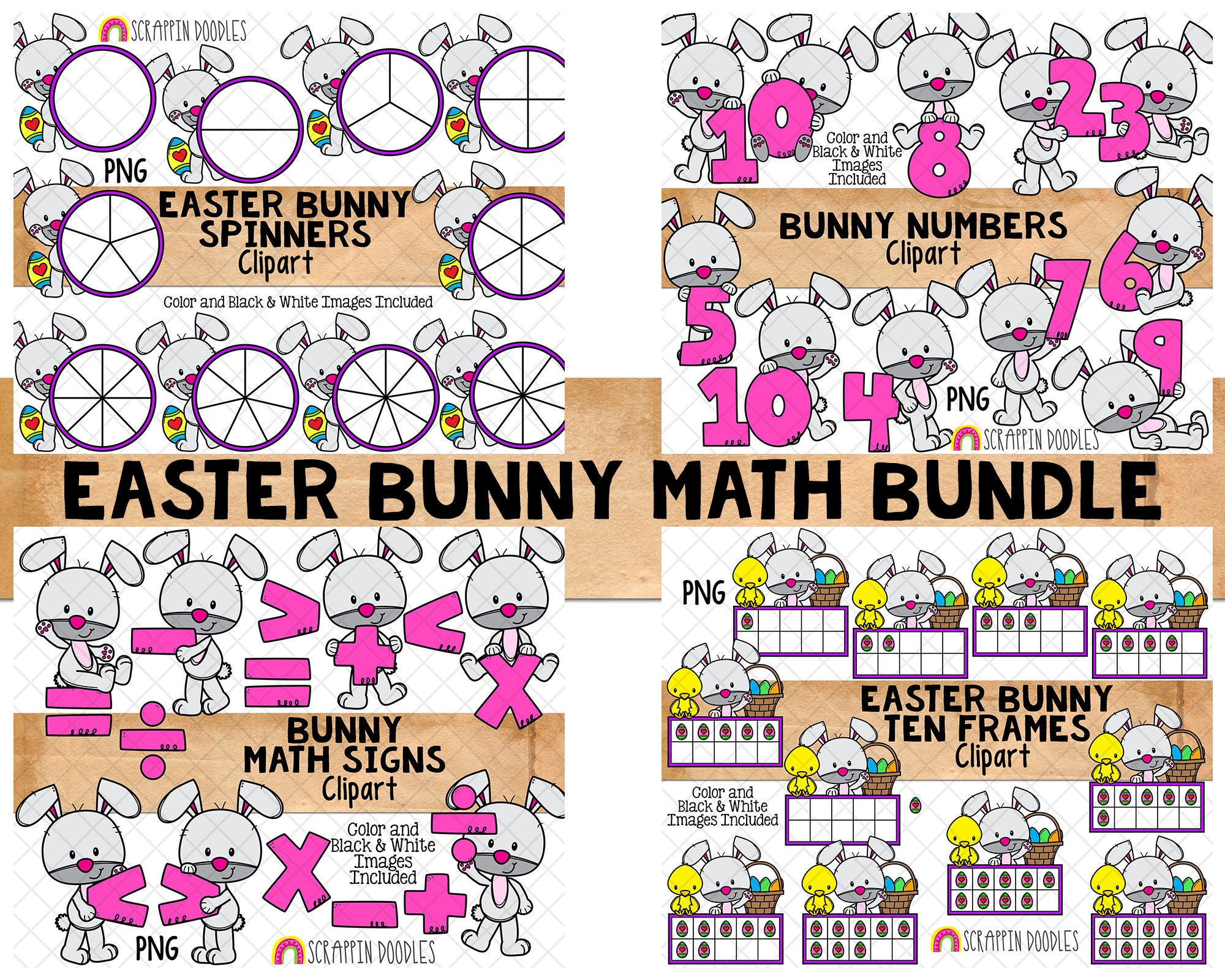 Easter Bunny Math ClipArt Bundle - Numbers - Spinners - Ten Frames - Math Signs - Commercial Use PNG