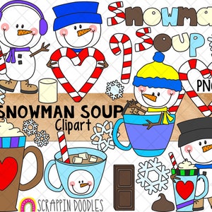 ClipArt de sopa de boneco de neve - ClipArt de chocolate quente - Cacau - Bonecos de neve - Bastão de doces - Inverno - Uso comercial PNG