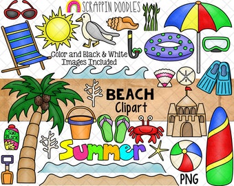 Beach ClipArt - Château de sable - Summer Sea Clip Art - Palmier - Planche de surf - Ballon de plage - Palmes - Crème solaire - Sublimation PNG