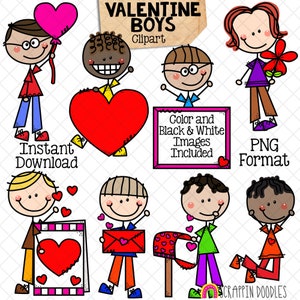 Clipart de meninos do Dia dos Namorados - Doodle Boys - Cartas de amor - Balões de coração - Caixa de correio - Cartão de amor - Uso comercial PNG - Sublimação