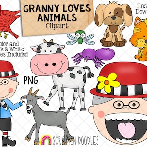 Clip Art vieille dame a avalé une mouche - PNG dessiné à la main - grand-mère aime les animaux