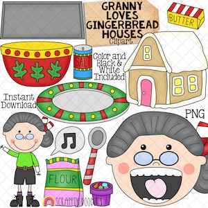 Image clipart vieille dame avalé une cuillère - PNG dessinés à la main - grand-mère aime les maisons en pain d'épice