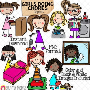 Household Chores ClipArt - Doodle Girls Clip Art - Kids Doing Chores ClipArt - Spring Cleaning - Household Clipart - Cleaning House Graphics