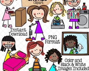 Household Chores ClipArt - Doodle Girls Clip Art - Kids Doing Chores ClipArt - Spring Cleaning - Household Clipart - Cleaning House Graphics