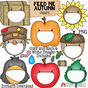 Feed Me Autumn ClipArt - Nutrire la bocca aperta - Balla di fieno - Zucca - Girasole - Spaventapasseri - Ghianda - Corvo - Mela - Foglia - Crea un gioco