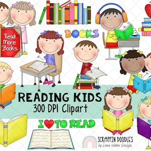 Lectura de imágenes prediseñadas - Lectura de imágenes prediseñadas para niños - Imágenes prediseñadas de biblioteca - Imágenes prediseñadas para amantes de los libros - Descarga instantánea - Programa de lectura escolar - Lectura para niños